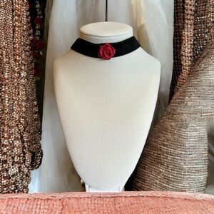 Black Velvet Choker With Red Fabric Rose Silver Tone Adjustable Clasp 14” L